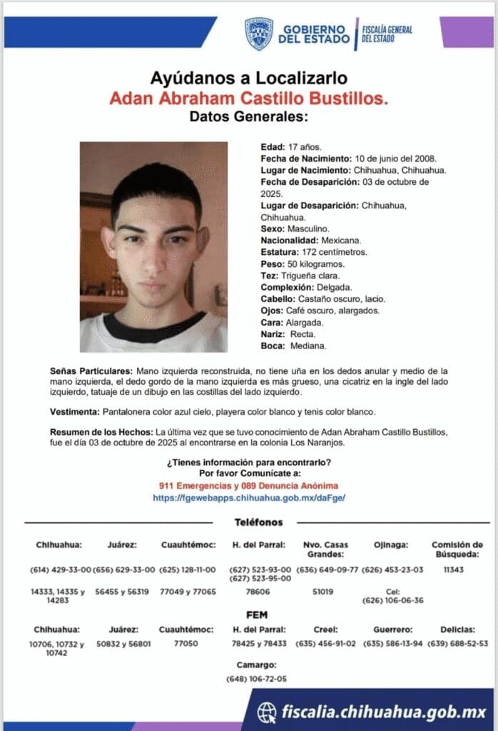 Buscan a Adán, joven de 17 años desaparecido en Chihuahua capital