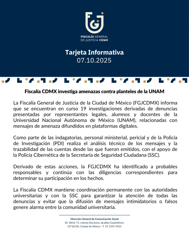 Fiscalía de la CDMX investiga 19 amenazas contra planteles de la UNAM