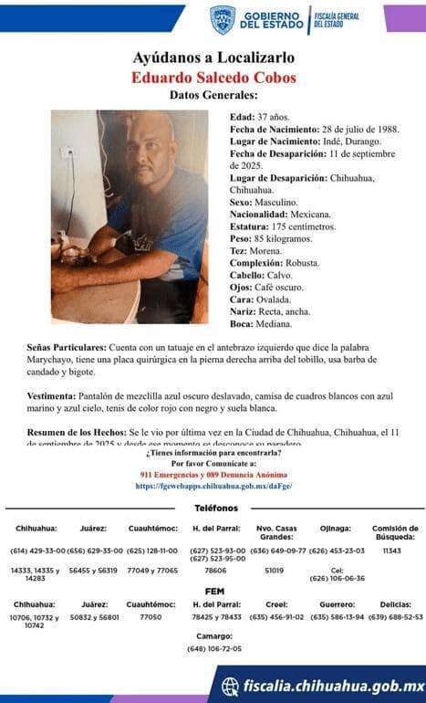 Buscan a Eduardo Salcedo Cobos, desaparecido desde el 11 de septiembre en Chihuahua
