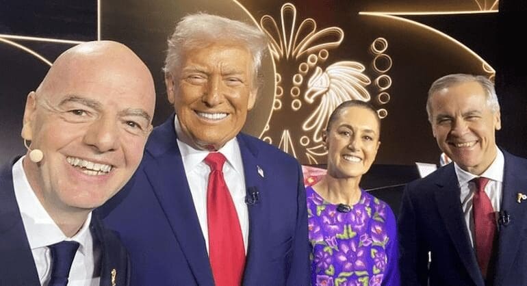 Primer encuentro entre Sheinbaum, Trump y Carney durante el Sorteo del Mundial 2026