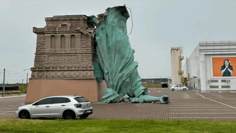 Una réplica de la Estatua de la Libertad colapsó en Porto Alegre, Brasil, tras fuertes vientos que alcanzaron casi los 100 km/h.