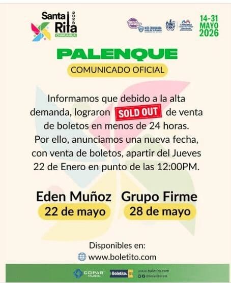 Abren nuevas fechas para Edén Muñoz y Grupo Firme en el palenque de la Feria Santa Rita 2026 tras agotar boletos.