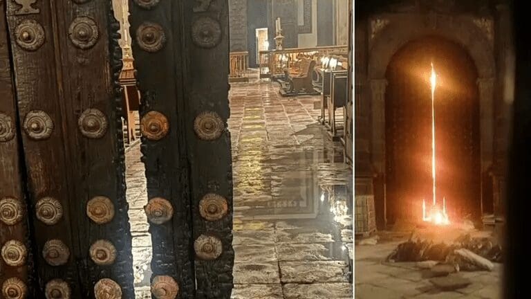 Detienen a un hombre tras incendio en la puerta histórica de la Catedral de Puebla.
