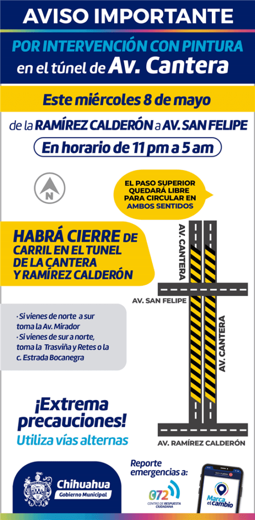 Autoridades municipales realizarán limpieza y pintura en el túnel de avenida La Cantera del 18 de febrero al 5 de marzo, con cierre parcial nocturno para mejorar la seguridad vial.