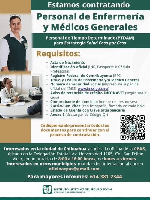 El IMSS Chihuahua lanzó una convocatoria para contratar médicos generales y personal de enfermería de manera temporal para la Estrategia Salud Casa por Casa.