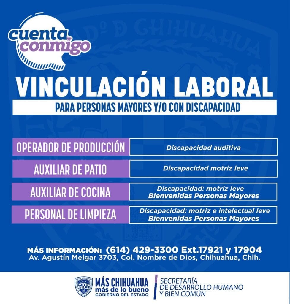 La SDHyBC abrió vacantes para personas con discapacidad y adultos mayores en áreas de producción, cocina y limpieza; consulta requisitos y teléfonos de contacto.