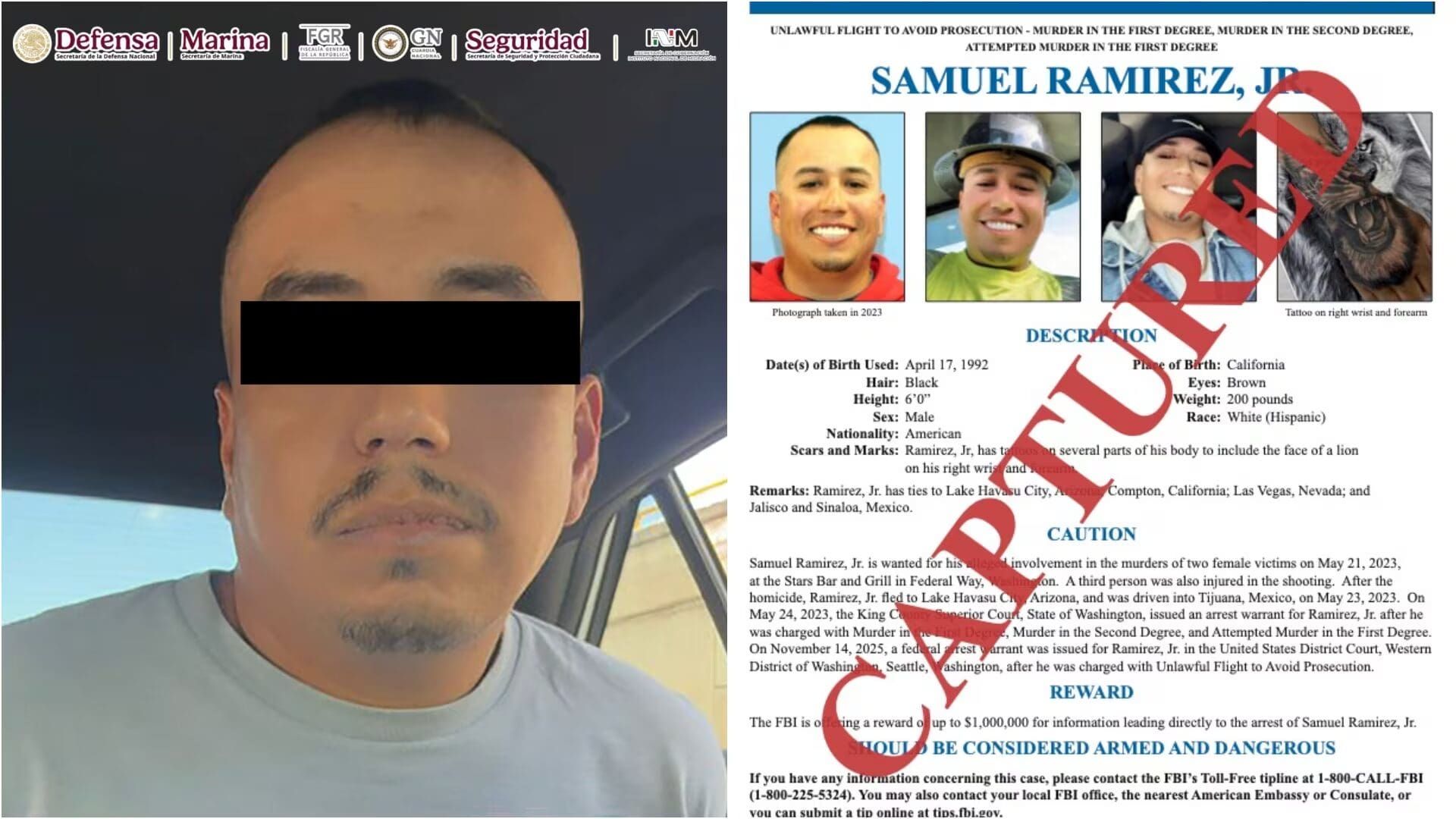 Detienen en Culiacán a Samuel Ramírez Jr., uno de los 10 más buscados por el FBI, en un arresto récord de 73 minutos. Detalles del operativo.