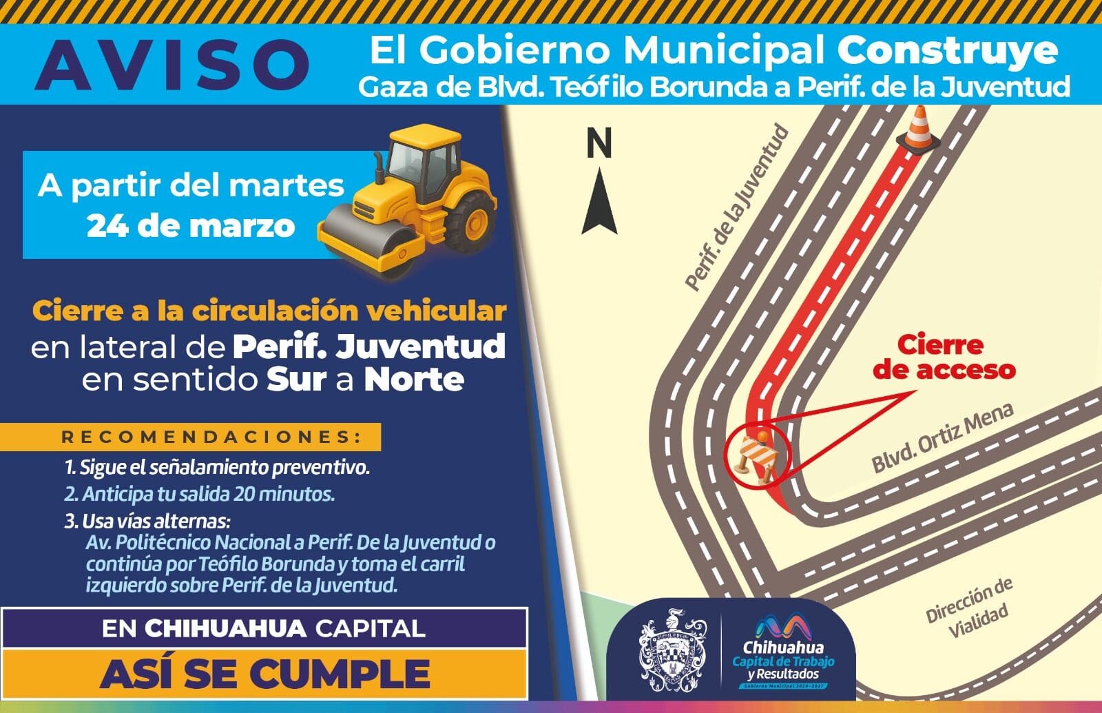 Cierre del Periférico de la Juventud por obra de gaza colgante el 24 de marzo. Conoce las rutas alternas y evita el tráfico en Chihuahua.
