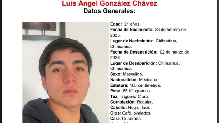 Luis Ángel González Chávez, de 21 años, desapareció el 2 de marzo en la colonia Juan Escutia, en Chihuahua; Fiscalía solicita apoyo ciudadano.
