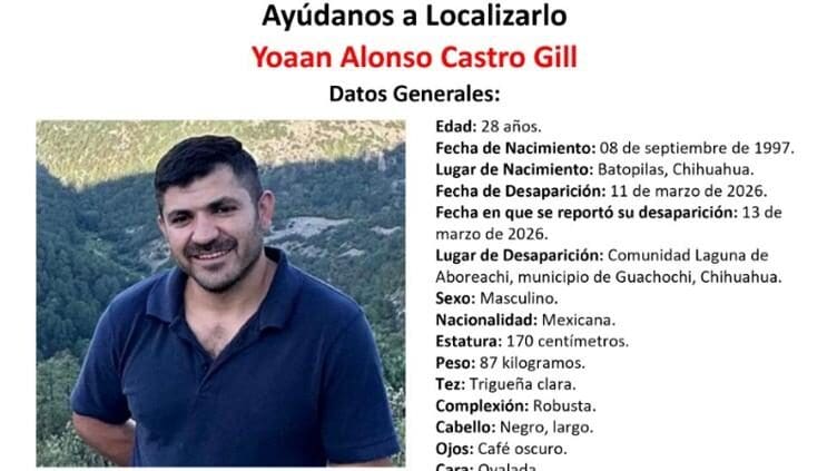 Ayúdanos a encontrar a Yoaan Alonso Castro Gill, desaparecido el 11 de marzo en Guachochi. Consulta sus señas particulares y números de contacto de la Fiscalía.