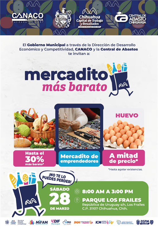 Conoce los detalles del programa Mercadito más barato en Chihuahua. Canasta básica, huevo y frijol a precios de remate este sábado 28 de marzo.