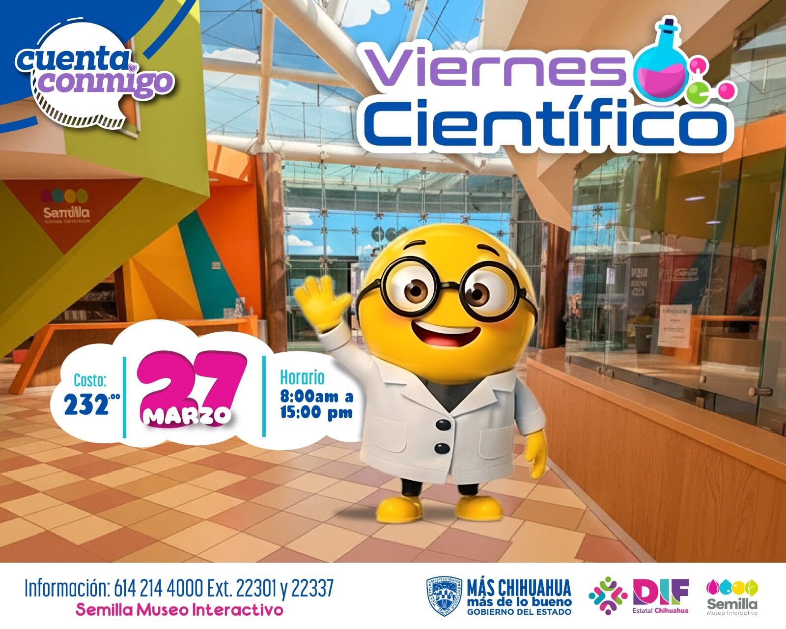 Inscribe a tus hijos en el Viernes Científico del Museo Semilla este 28 de marzo. Experimentos y diversión para niños de 4 a 12 años en Chihuahua.