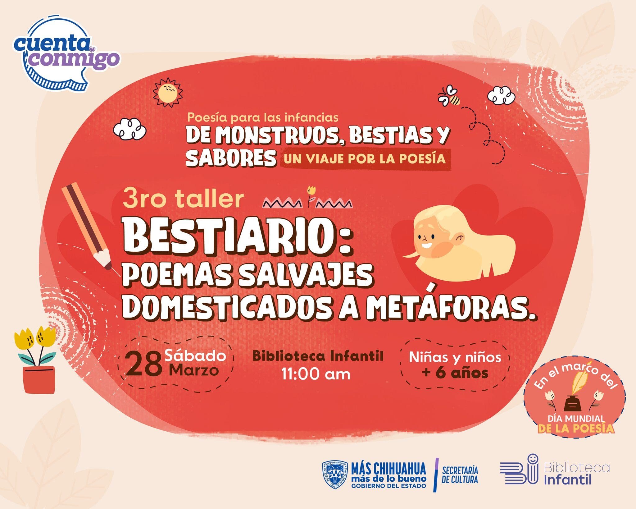 Taller gratuito de poesía para niños en Chihuahua: Bestiario: poemas salvajes. Conoce la fecha, hora y ubicación de la Biblioteca Infantil Alas y Raíces.