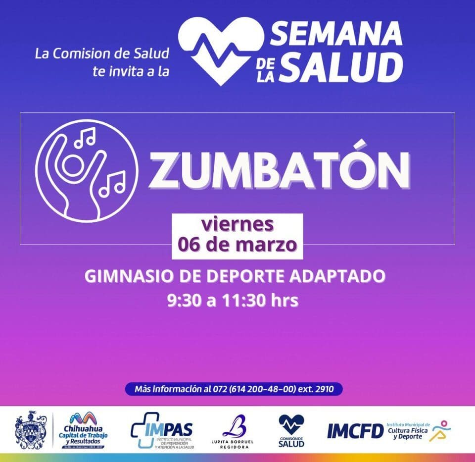 Participe en el Zumbatón este 6 de marzo en Chihuahua. Evento gratuito organizado por la regidora Lupita Borruel para cerrar la Semana de la Salud.