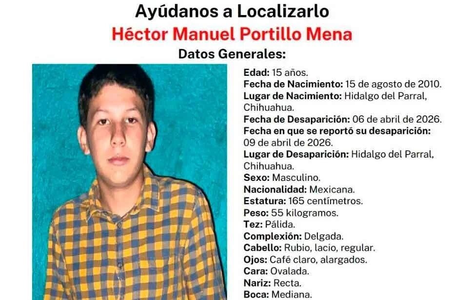 Buscan a Héctor Manuel Portillo, menor desaparecido en Parral. Conoce sus señas particulares y cómo ayudar a su localización.