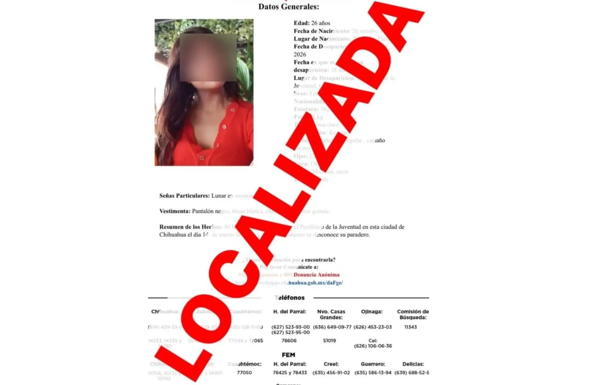 Jailene Vázquez es localizada con vida en Chihuahua; su ausencia fue voluntaria, informan autoridades.