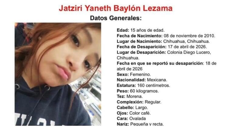 Buscan a Jatziri, adolescente de 15 años desaparecida en Chihuahua; autoridades piden apoyo ciudadano.