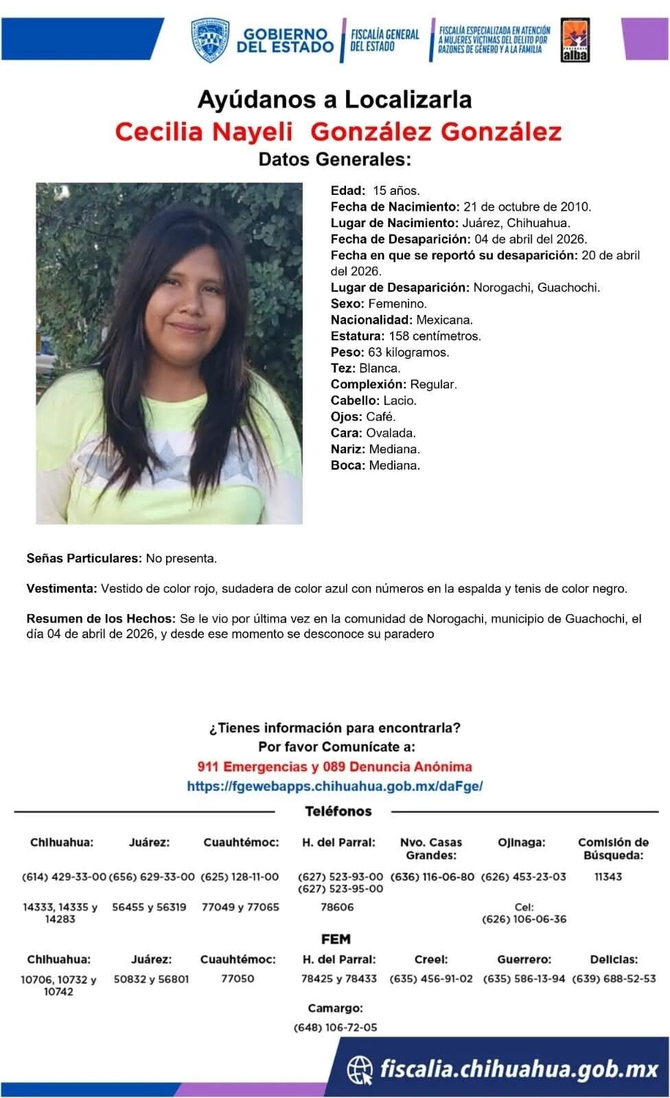La Fiscalía de Chihuahua busca a Cecilia Nayeli González, de 15 años, desaparecida desde el 4 de abril en Norogachi, Guachochi. Conoce su descripción y los números para reportar información.

