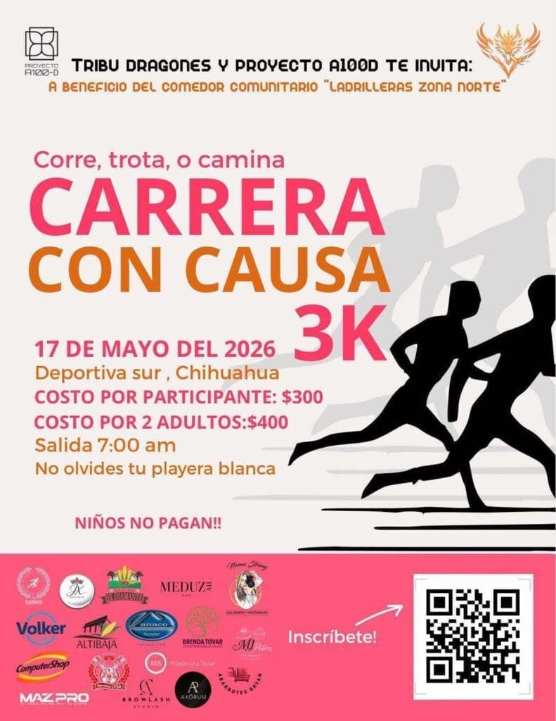 El 17 de mayo se realizará la Carrera 3K con causa en la Deportiva Sur de Chihuahua. Todo lo recaudado apoyará el comedor comunitario de Ladrilleras Zona Norte y a los niños de la comunidad. Entérate cómo participar.
