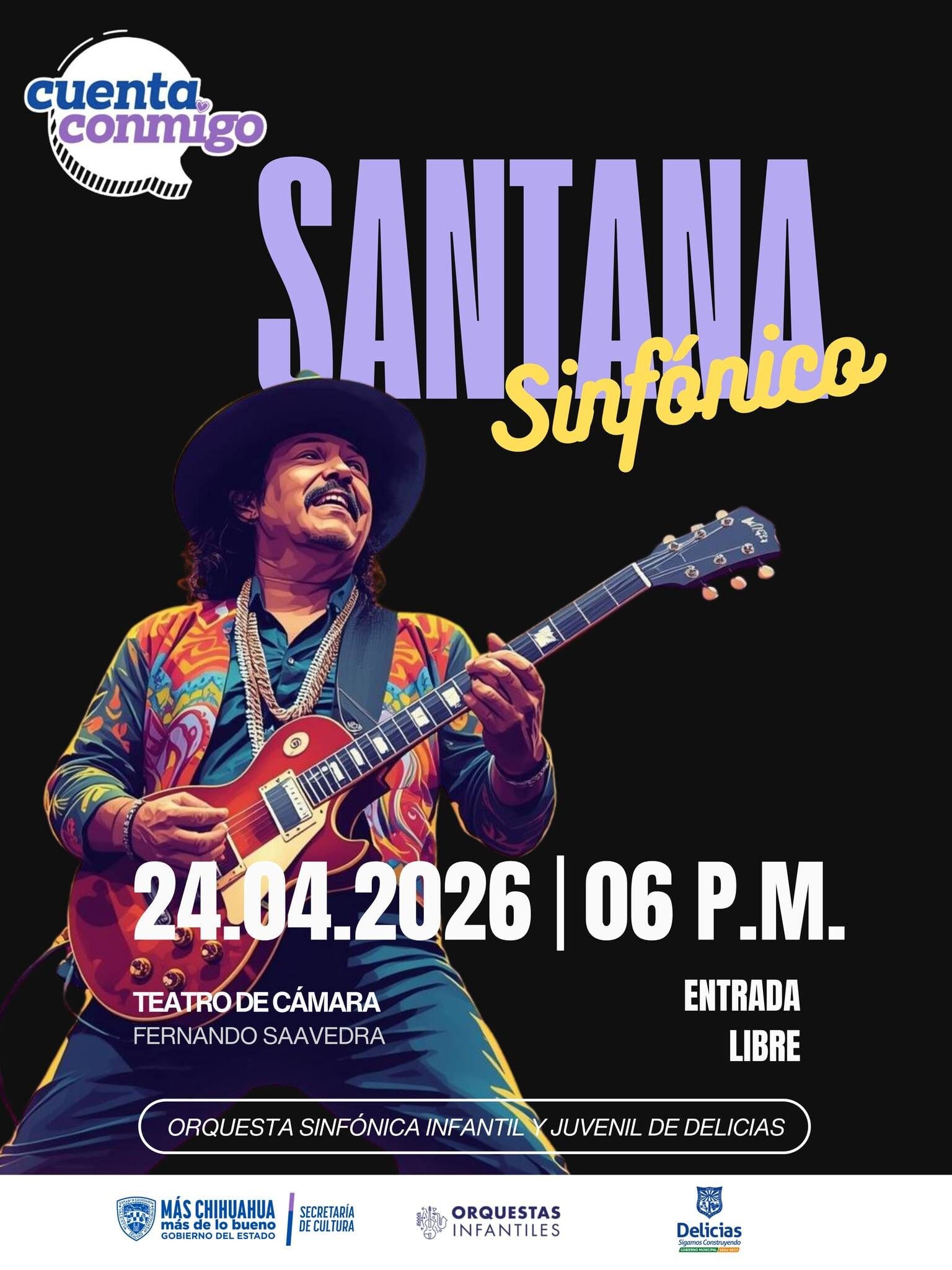 La Orquesta Sinfónica Infantil y Juvenil de Delicias presenta Santana Sinfónico este 24 de abril a las 18:00 horas en el Teatro de Cámara de Chihuahua. Entrada libre para toda la familia. Conoce todos los detalles.
