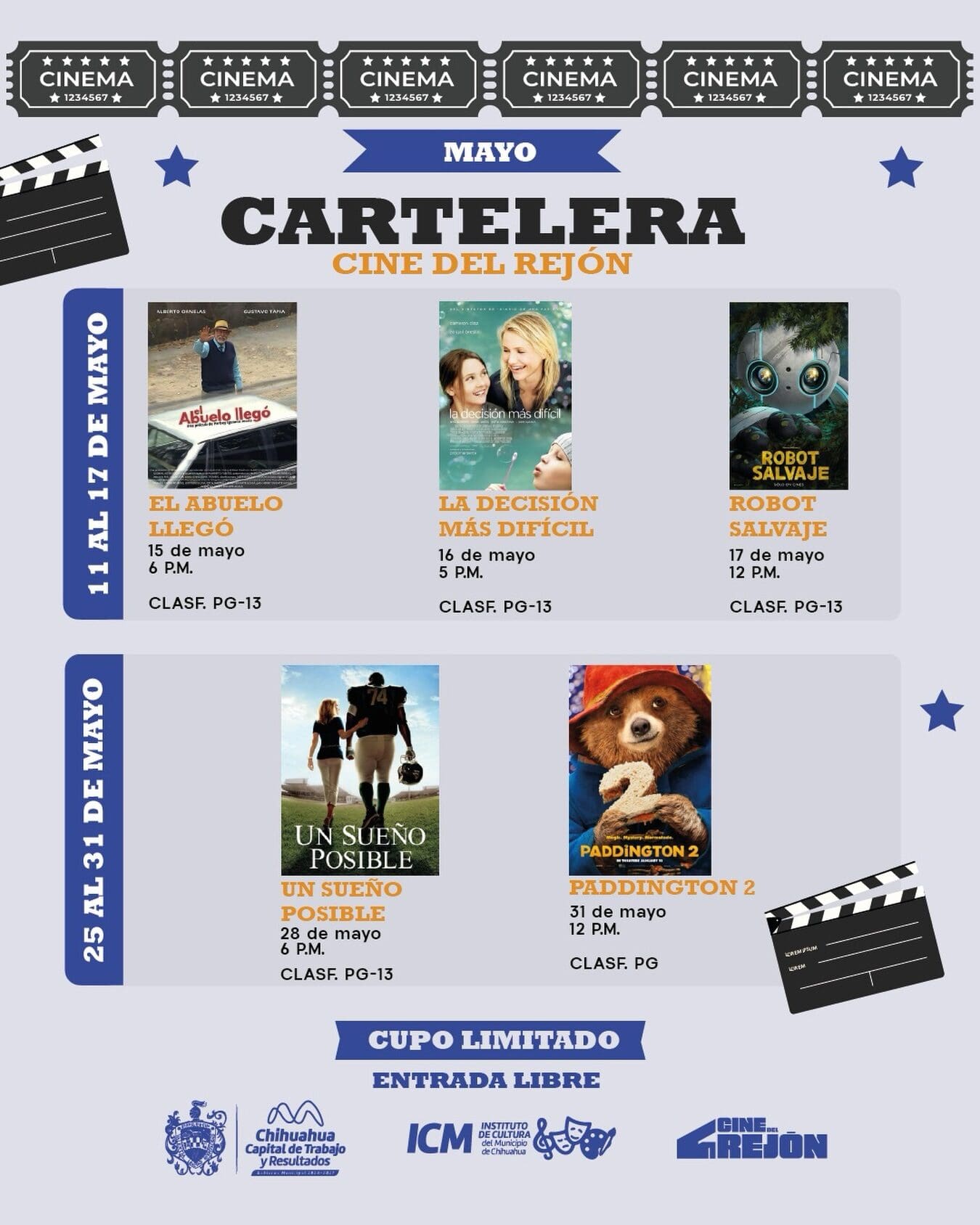 El Instituto de Cultura presenta la cartelera gratuita del Cine del Rejón para mayo 2026 en Chihuahua: Robot salvaje, Paddington 2 y más. Solo 99 butacas por función, entrada libre. Conoce fechas y horarios aquí.
