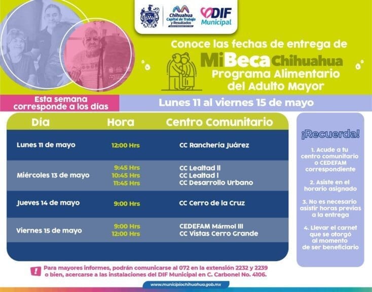 El DIF Municipal de Chihuahua publicó el calendario del PAAM para la semana del 11 al 15 de mayo con siete puntos de entrega en distintas colonias. Conoce fechas, horarios y requisitos aquí.
