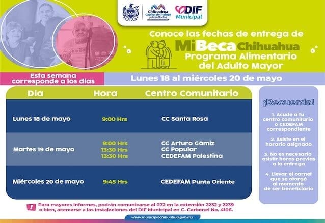 El DIF Municipal de Chihuahua anuncia la última entrega del PAAM de mayo del 18 al 20 de mayo en cinco centros comunitarios. Los beneficiarios deben presentar su carnet y acudir en la fecha y horario de su registro.
