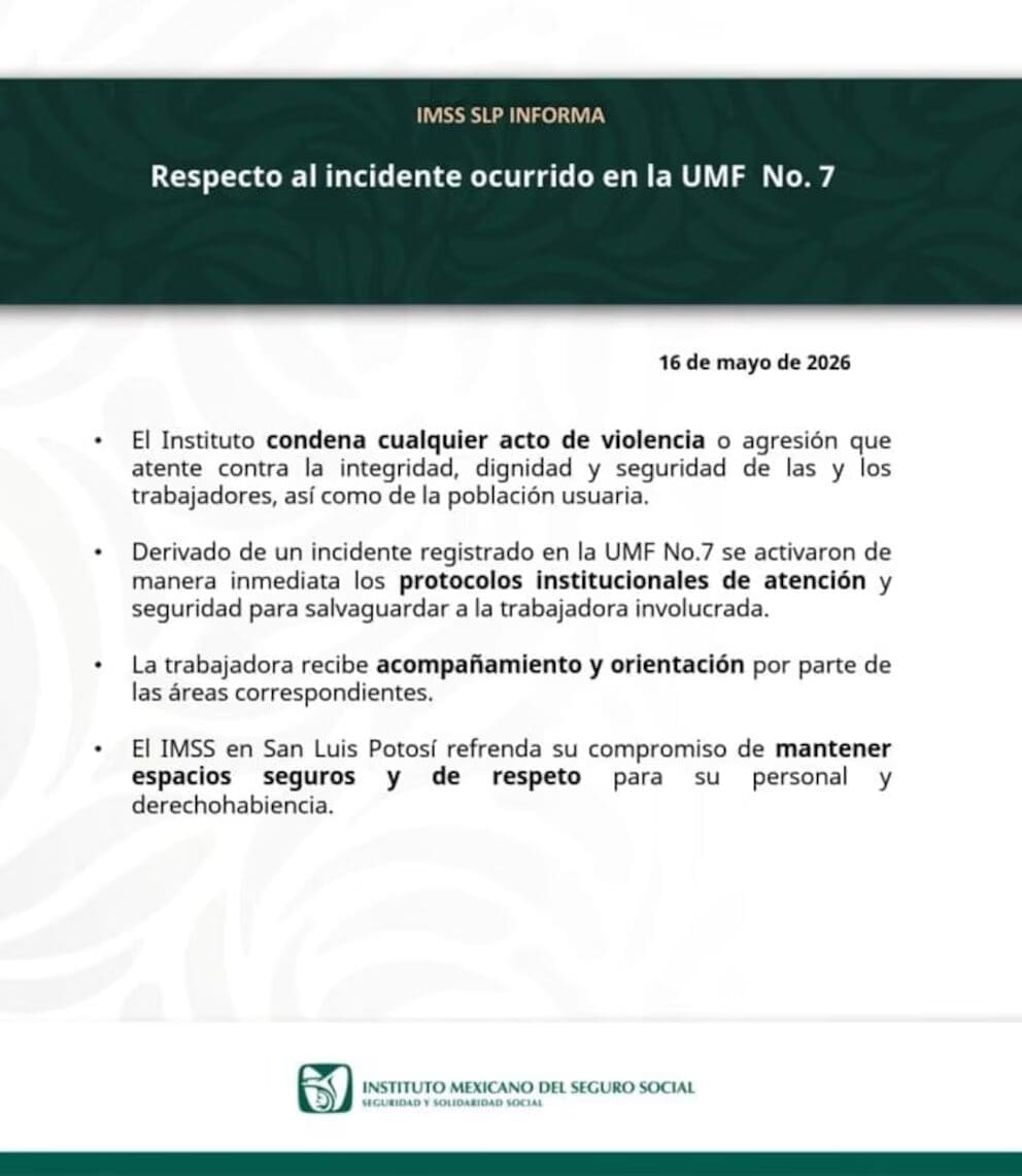 Un hombre amenazó de muerte a una asistente médica del IMSS en San Luis Potosí y le arrojó el teclado durante una confrontación grabada en video. El IMSS activó protocolos de seguridad y condenó el incidente.
