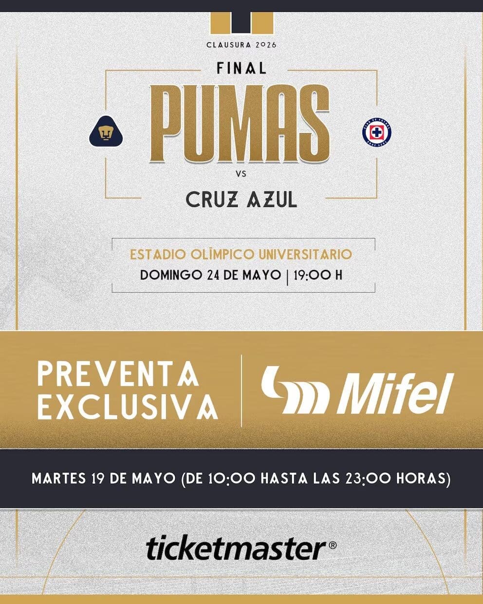 Pumas y Cruz Azul disputarán la final del Clausura 2026 el 21 y 24 de mayo. La preventa para CU arranca este martes desde 400 pesos. Conoce horarios, sedes, precios y cómo comprar tus boletos en Ticketmaster.
