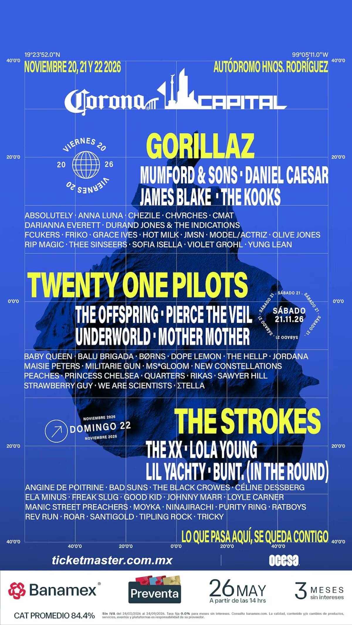 La preventa del Corona Capital 2026 arranca este martes 26 de mayo a las 14:00 horas para clientes Banamex. Gorillaz, Twenty One Pilots y The Strokes encabezan el cartel del festival del 20 al 22 de noviembre en el Autódromo Hermanos Rodríguez.

