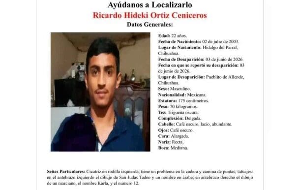 La Fiscalía de Chihuahua emitió una ficha de búsqueda urgente para Ricardo Hideki, privado de la libertad en la carretera Parral-Jiménez.