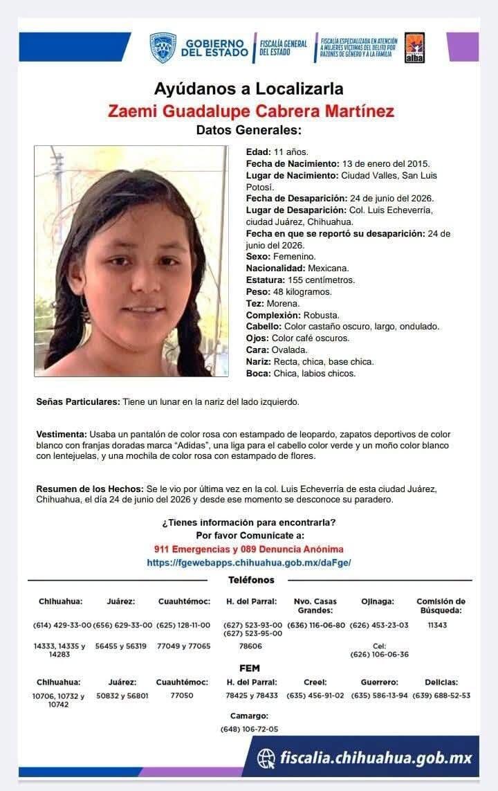 Activan búsqueda en Ciudad Juárez por la desaparición de Zaemi Guadalupe Cabrera Martínez, niña de 11 años originaria de San Luis Potosí.