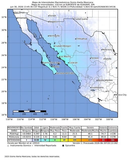 Un sismo de magnitud 6.1 con epicentro frente a Guasave, Sinaloa, fue percibido en Chihuahua y otros estados del país.