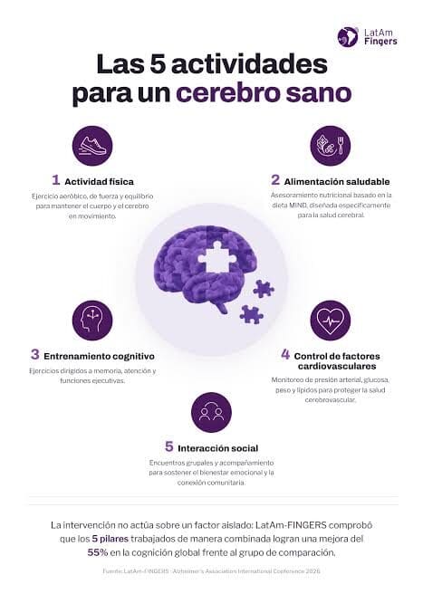 El estudio LatAm-FINGERS demostró que una intervención integral en el estilo de vida mejoró 55% la función cognitiva en adultos mayores con riesgo de demencia.