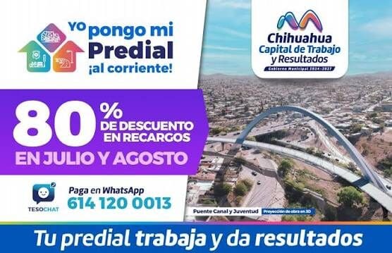 Aprovecha el 80% de descuento en recargos del Predial durante julio y agosto y realiza tu pago en línea o por WhatsApp.