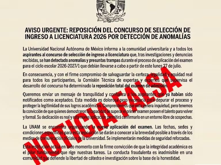 La UNAM desmintió un comunicado falso sobre la repetición del examen de admisión 2026 y confirmó que aún analiza las irregularidades detectadas en el proceso.