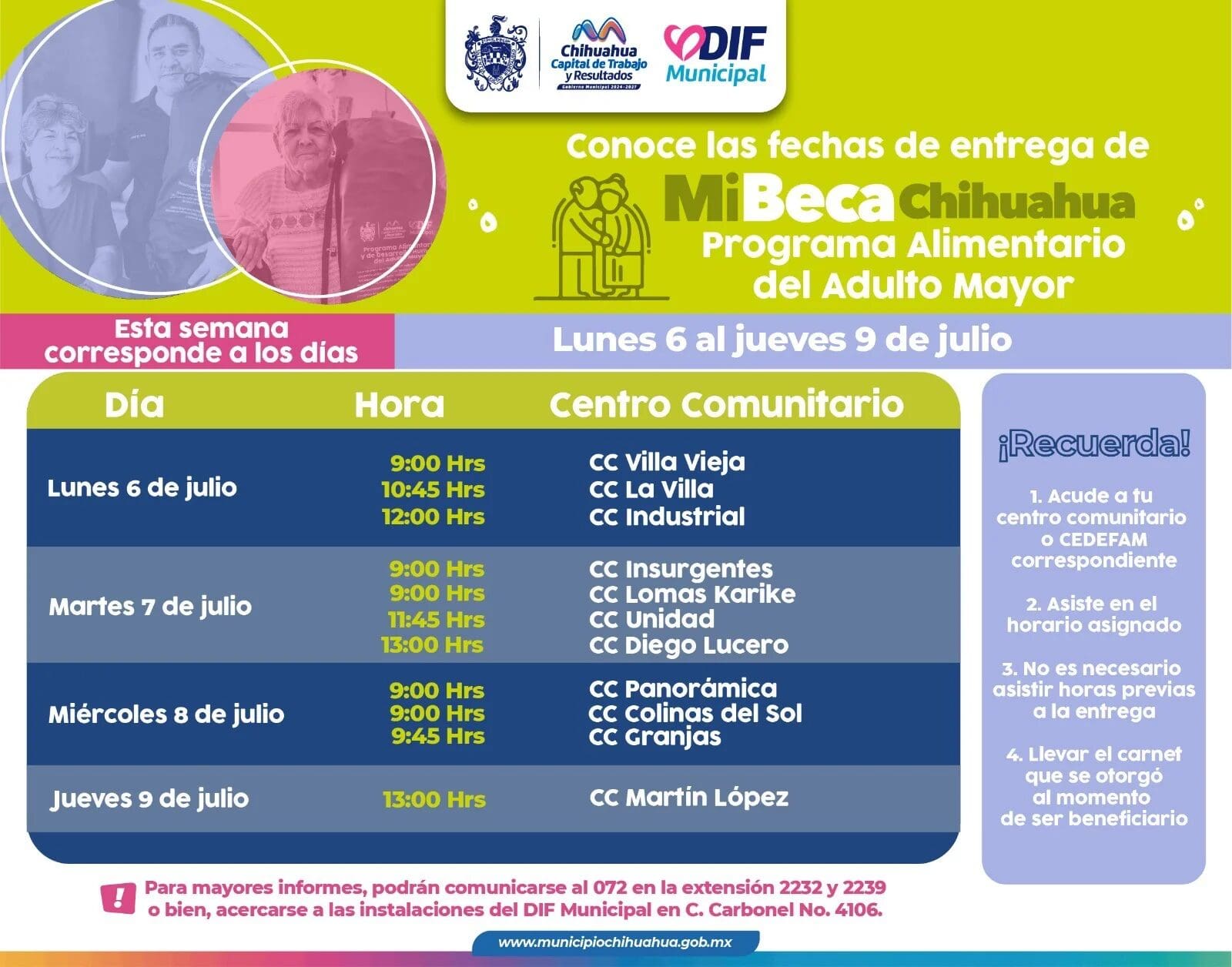 El DIF Municipal publicó el calendario de entrega de paquetes alimentarios del PAAM correspondiente del 6 al 9 de julio en diversos centros comunitarios.