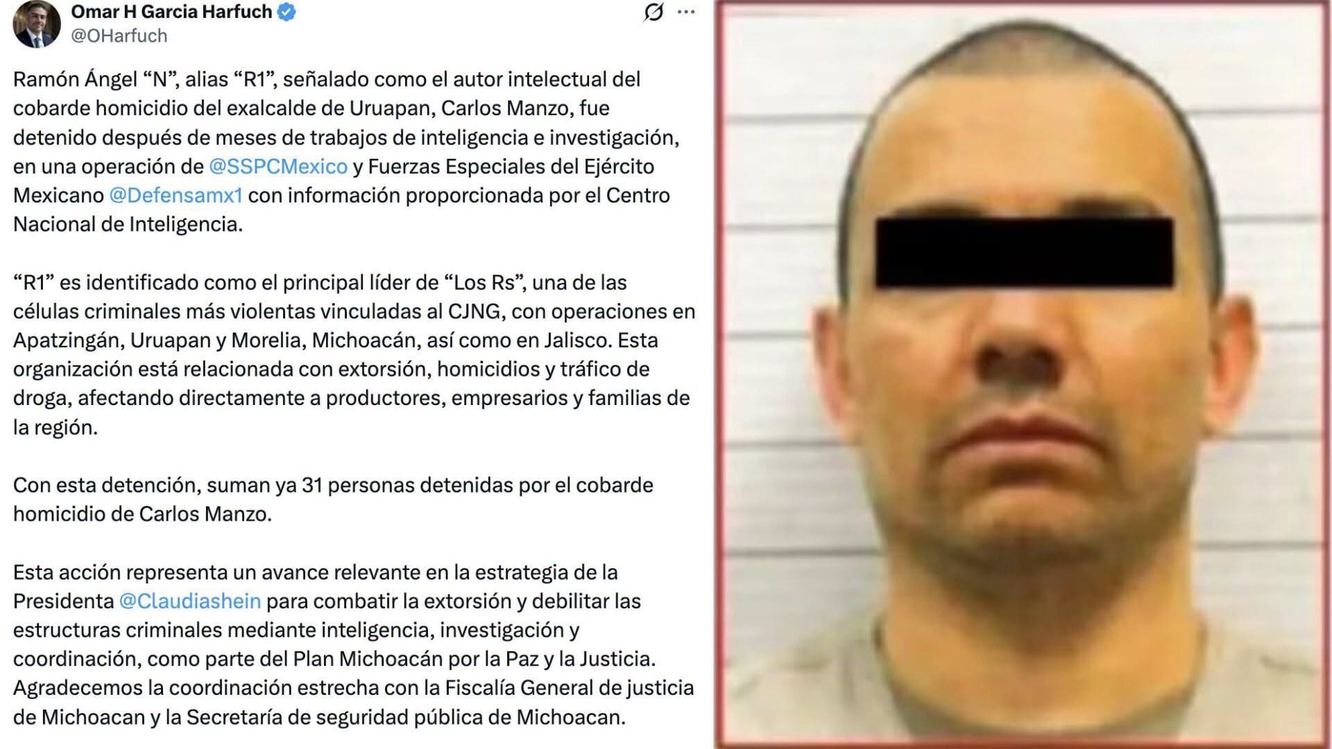 La SSPC confirmó la detención de ‘R1’, presunto autor intelectual del asesinato de Carlos Manzo; con la captura suman 31 detenidos por el caso.