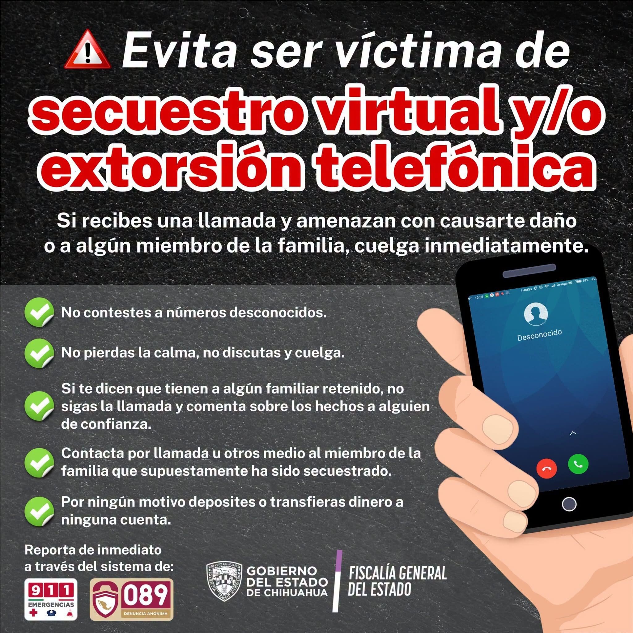 La Fiscalía de Distrito Zona Occidente difundió los números telefónicos utilizados con frecuencia en casos de extorsión y secuestro virtual. Conócelos y evita ser víctima.
