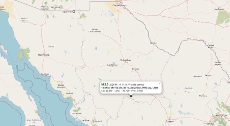 El SSN detectó un microsismo de magnitud 2.5 en Santa Bárbara, Chihuahua, a 15 kilómetros al suroeste de Parral y cinco kilómetros de profundidad.
