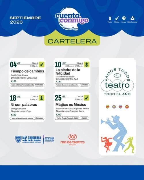 Conoce la cartelera de Red de Teatros para septiembre en Chihuahua, con tres obras, fechas, horarios y funciones en el Teatro de Cámara.
