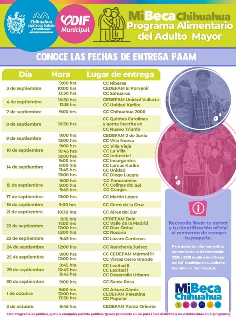 El DIF Municipal de Chihuahua publicó el calendario de septiembre del PAAM. Consulta fechas, horarios y sedes para recibir el paquete alimentario.