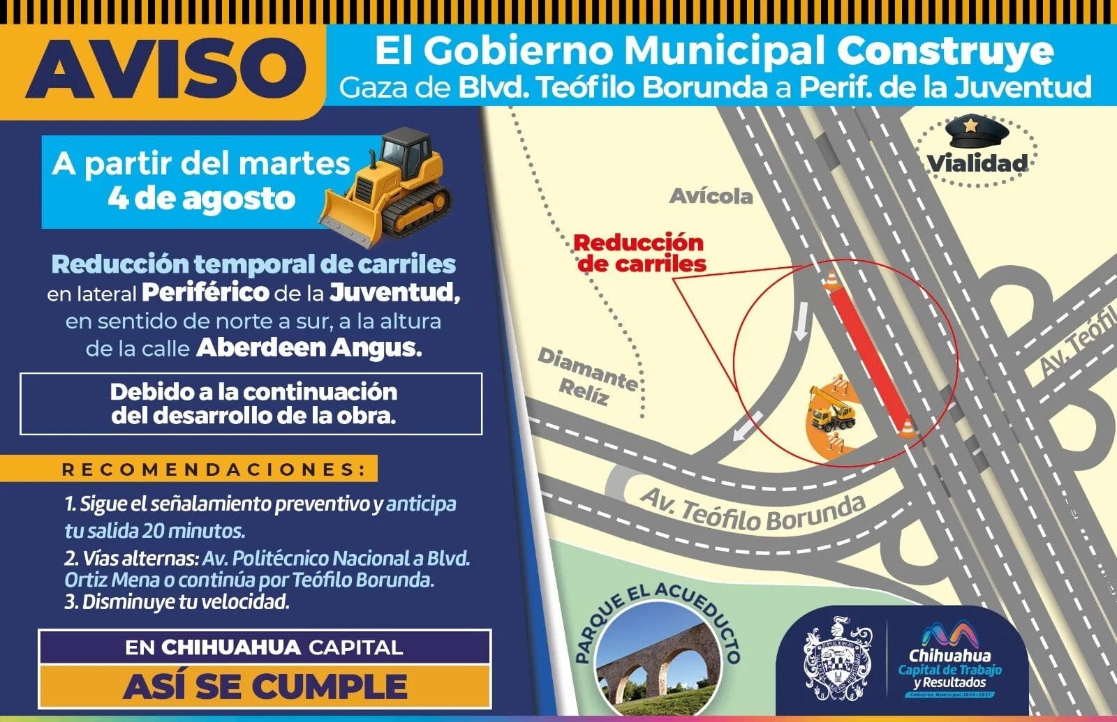 El Municipio de Chihuahua reducirá carriles en la lateral del Periférico de la Juventud por la construcción de una gaza de incorporación.
