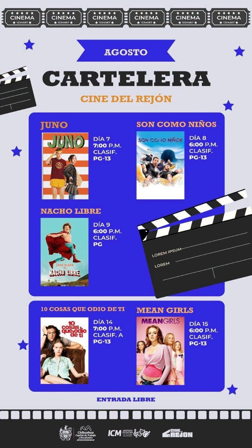 El Gobierno Municipal presentó la cartelera de agosto del Cine del Rejón, que iniciará con Juno y ofrecerá cinco funciones gratuitas para toda la familia.