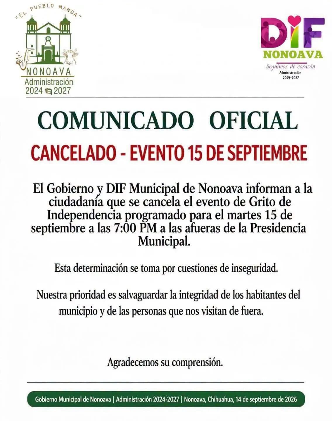 Nonoava canceló el festejo del Grito de Independencia del 15 de septiembre debido a las condiciones de inseguridad en la región.