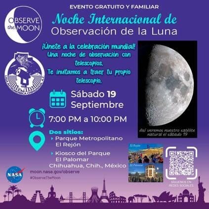La Liga Astronómica de Chihuahua invita a observar gratis los cráteres de la Luna este 19 de septiembre en El Palomar y El Rejón.
