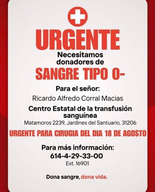 Urgen donadores de sangre tipo O negativo para Ricardo Corral