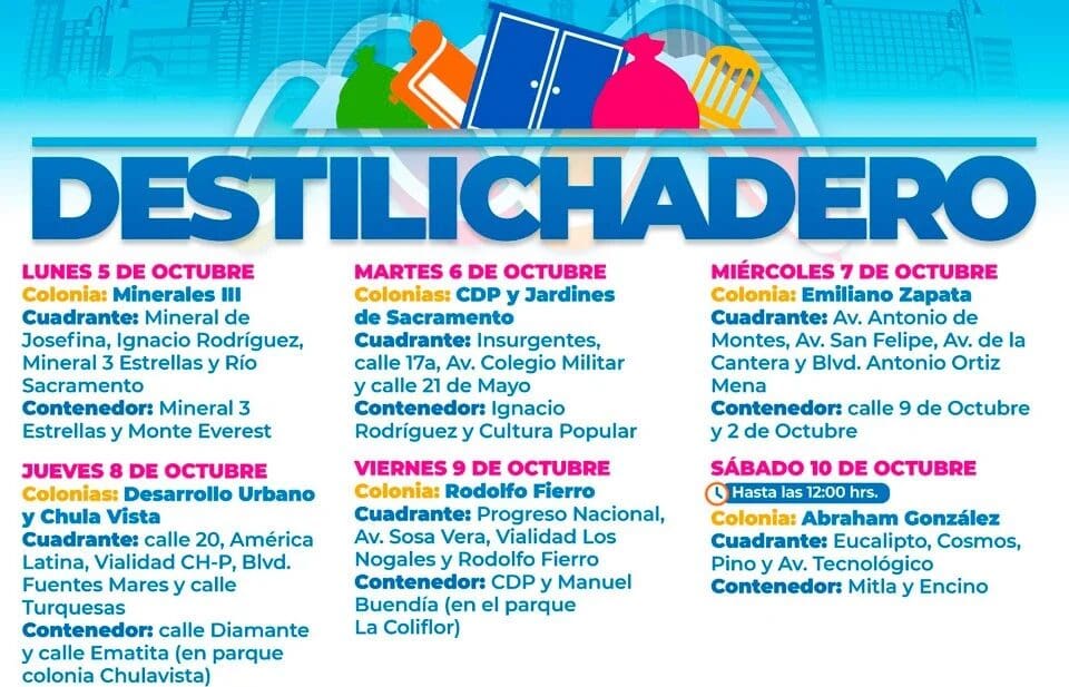 Destilichadero llegará a ocho colonias de Chihuahua del 5 al 10 de octubre. Consulta fechas, horarios, cuadrantes y puntos de contenedores.